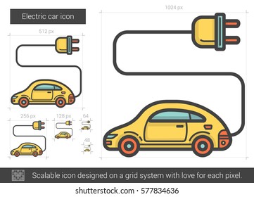 Icono de línea vectorial de auto eléctrico aislado en fondo blanco. Icono de línea de auto eléctrico para infografía, sitio web o aplicación. Icono escalable diseñado en un sistema de cuadrícula.