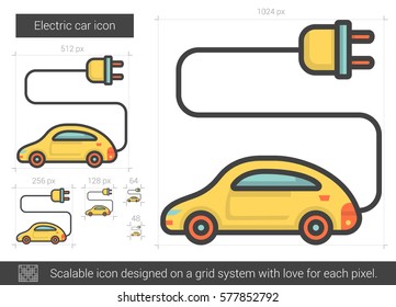 Elektrisches Auto, Vektorsymbol einzeln auf weißem Hintergrund. Elektrisches Auto-Line-Symbol für Infografik, Website oder App. Skalierbares Symbol, das auf einem Gittersystem entworfen wurde.