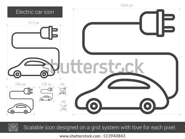 Electric car vector line icon isolated\
on white background. Electric car line icon for infographic,\
website or app. Scalable icon designed on a grid\
system.