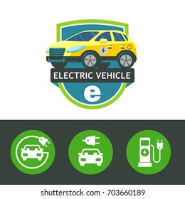 Electric car. Vector logo, emblem. Isolated on a white background. Set of vector icons.