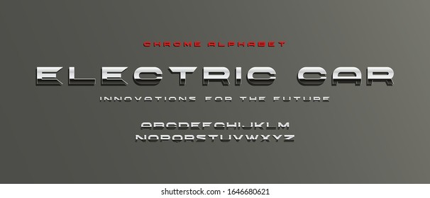 'Electric car' Vector metallic font for banner Auto Salon, technology, sport, etc., Silver Alphabet. Vector illustration.