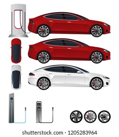 Electric car. Vector set to design illustrations with various elements