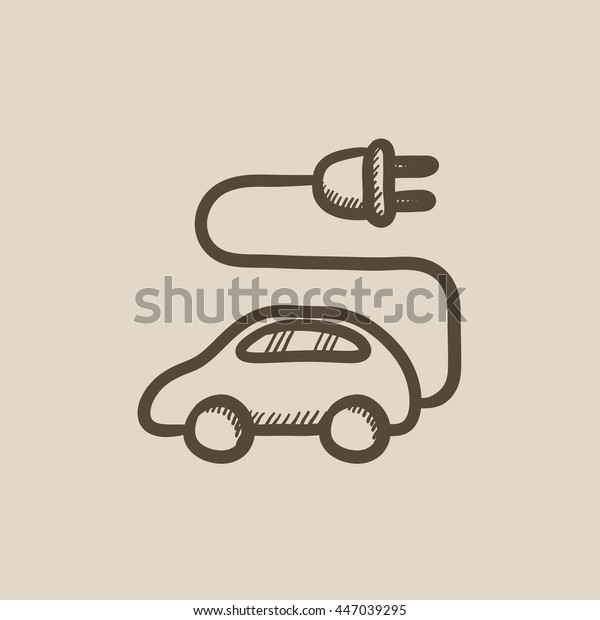 Electric car vector sketch icon isolated on\
background. Hand drawn Electric car icon. Electric car sketch icon\
for infographic, website or\
app.
