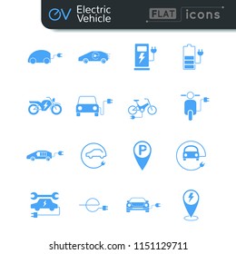 Electric car and vehicle blue flat vector icon set for EV pictogram concept easy to edit stroke and color
