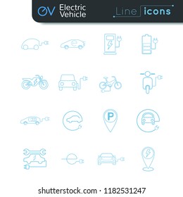 Electric car and vehicle blue line vector icon set for EV pictogram concept easy to edit stroke and color