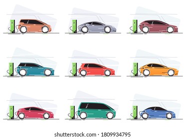 Electric car at vehicle charging station. Vector illustrations set.