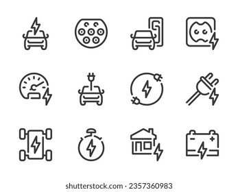 Iconos de línea vectorial de carga de vehículos y vehículos eléctricos. Cargador automático, batería y conjunto de iconos de contorno del motor Electro.