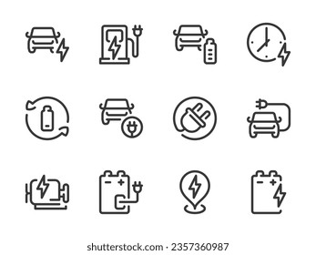 Iconos de línea vectorial de carga de vehículos y vehículos eléctricos. Cargador automático, batería y conjunto de iconos de contorno del motor Electro.