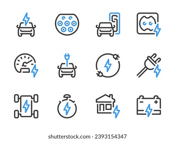 Iconos de línea vectorial de carga de vehículos y vehículos eléctricos. Cargador automático, batería y conjunto de iconos de contorno del motor Electro.