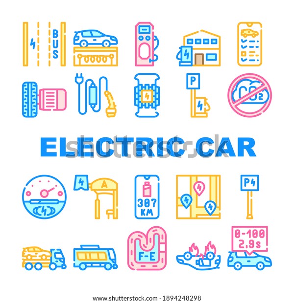 Electric Car Vehicle Collection Icons Set\
Vector. Automobile Electric Engine And Charging Cable, Parking With\
Charge Station And Electrical Bus Concept Linear Pictograms.\
Contour Color\
Illustrations
