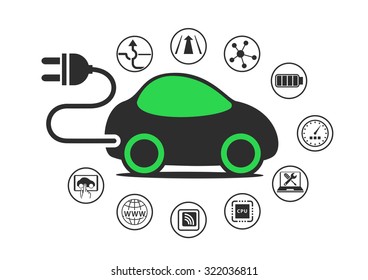 Electric car and electric vehicle concept as vector illustration. Car with power plug to enable electric charging