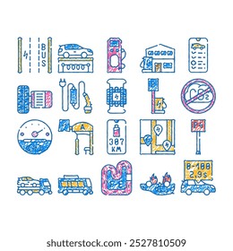 electric car vehicle doodle icons set vector. sketch line art automobile electric engine and charging cable, parking with charge station and electrical bus color illustrations