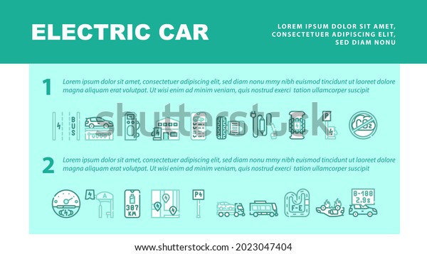 Electric Car\
Vehicle Landing Web Page Header Banner Template Vector. Automobile\
Electric Engine And Charging Cable, Parking With Charge Station And\
Electrical Bus\
Illustration