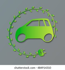 Electric car vehicle with plug and leaves logo