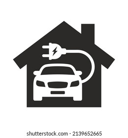 Electric Car. Electric Vehicle Recharging. Charging An Electric Car At Home. EV Charger. Vector Icon Isolated On White Background.