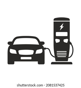 Electric car. Electric vehicle recharging point. EV charging station. Vector icon isolated on white background.
