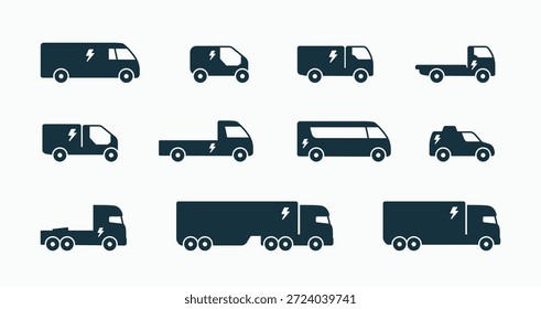 Electric car vehicles simple flat icons set. Types of EV electric trucks and cars symbol logo icon collection