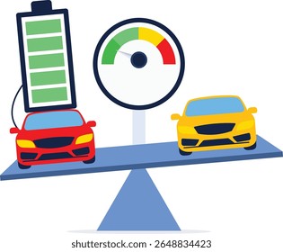 Een elektrische auto versus een brandstofauto op een wip

