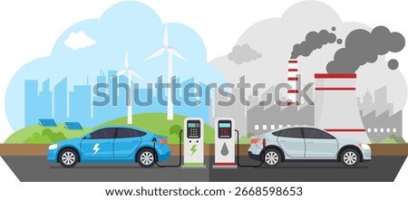 Electric Car vs Gasoline Car, Clean Energy and Pollution Comparison Illustration