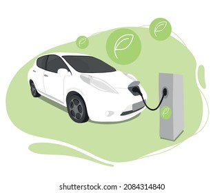 Electric car. A white electric car is connected to a power station charger. Frontal charge. Battery. Flat vector illustration.