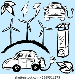 An electric car and wind turbines, charging station. Black and white, vector, isolated. Hand draw with brush texture. Doodle. Fun, grunge and interesting.