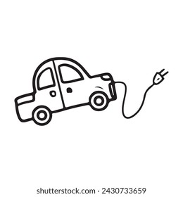 Coche eléctrico con un cable al enchufe como concepto de carga, cero residuos. vehículo ecológico en negro aislado sobre blanco. Dibujado a mano ilustración de dibujo vectorial garabato en estilo vintage de arte de línea