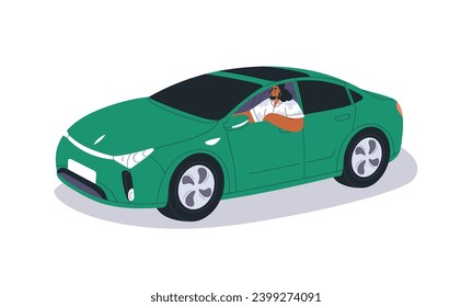 Electric car. Woman driver in eco-friendly auto vehicle on green sustainable energy. Female character driving smart ecological transport. Flat vector illustration isolated on white background