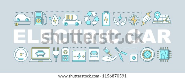 Electric car word concepts\
banner. Green vehicle. Isolated lettering typography idea with\
linear icons. Electric automobiles workshop. Vector outline\
illustration