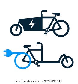 Electric cargo bicycle or e-bike with a charging cable and plug - icon set vector illustration isolated on white