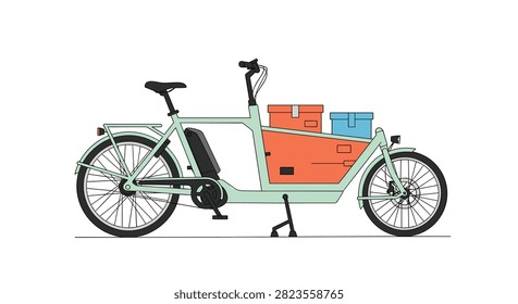 Electric cargo bicycle painted light green with orange storage boxes and battery pack designed for urban delivery and sustainable logistics.