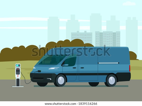Electric\
cargo van against the background of an abstract cityscape. Electric\
car is charging. Vector flat style\
illustration.