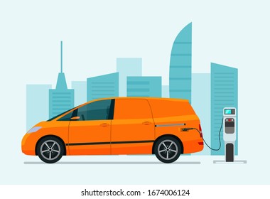 Electric cargo van car on a background of abstract cityscape. Electric car is charging, side view. Vector flat illustration.