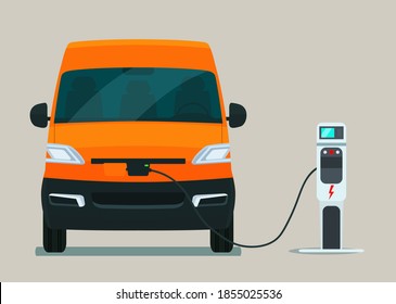 Electric cargo van charging from a charging station, front view. Vector flat style illustration.