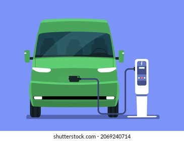 Electric cargo van charging from a charging station, front view. Vector illustration.