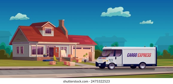 Electric cargo van, cargo delivery. Moving to a new place of residence, housewarming. Country two-story house with a garage, unpacking things, boxes and furniture. Vector cartoon illustration.