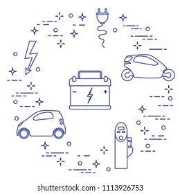 Electric cars, battery, charging station, electrical safety sign, cable, electrical plug. New transport eco technologies.