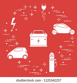 Electric cars, battery, charging station, electrical safety sign, cable, electrical plug. New transport eco technologies.