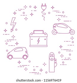 Electric cars, battery, charging station, electrical safety sign, cable, electrical plug. New transport eco technologies.