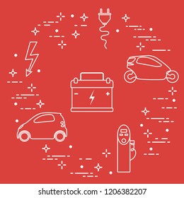Electric cars, battery, charging station, electrical safety sign, cable, electrical plug. New transport eco technologies.