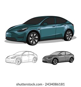 Electric Cars Blue, Grey, and Line Art Illustration Vector.