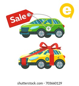 Electric cars. The car as a gift. Sale. Discounts. Vector illustration isolated on white background.