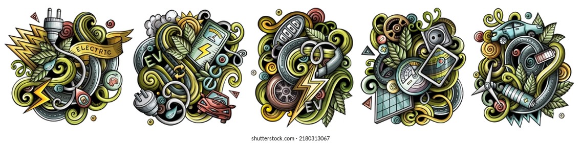 Electric Cars cartoon vector doodle designs set. Colorful detailed compositions with lot of eco transport objects and symbols. Isolated on white illustrations