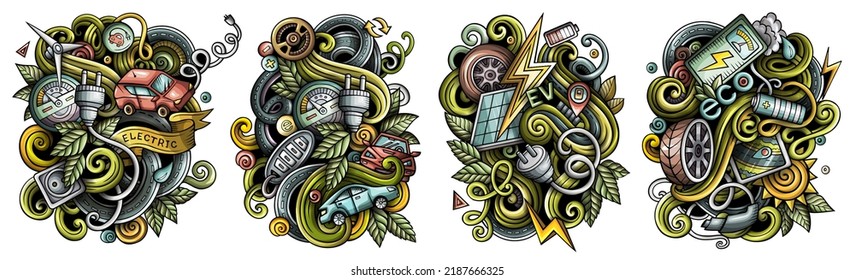 Electric Cars cartoon vector doodle designs set. Colorful detailed compositions with lot of eco transport objects and symbols. Isolated on white illustrations