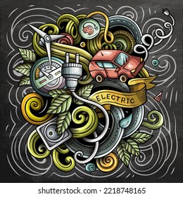 Electric Cars cartoon vector doodle design. Chalkboard detailed composition with lot of eco transport objects and symbols