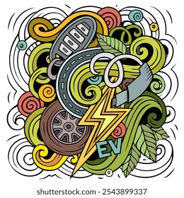 Electric Cars cartoon vector doodle design. Colorful detailed composition with lot of eco transport objects and symbols