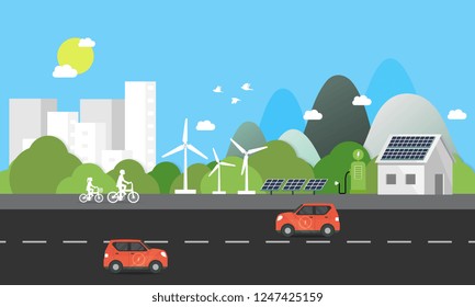 Electric cars charging at the charger station in front of the solar panels and wind turbines. City. nature. ride bicycle in blue background and sun. Environmentally friendly Eco green city theme.