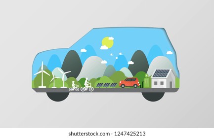 Electric cars charging at the charger station in front of the solar panels and wind turbines. City. nature. ride bicycle in blue background and sun. Environmentally friendly Eco green city theme.