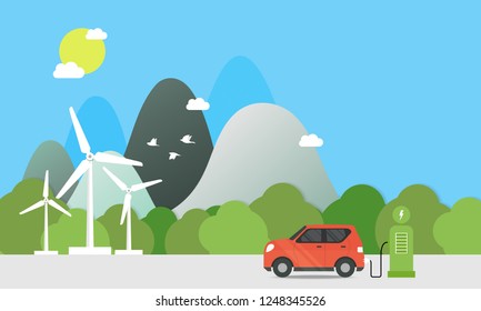 Electric cars charging at the charger station in front of the solar panels and wind turbines. City. nature. in blue background and sun. Environmentally friendly Eco green city theme.