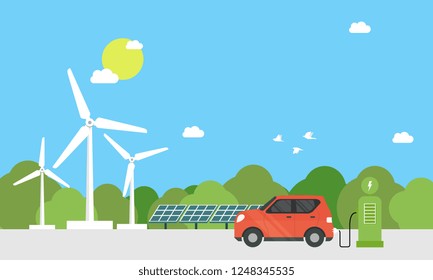 Electric cars charging at the charger station in front of the solar panels and wind turbines. City. nature. in blue background and sun. Environmentally friendly Eco green city theme.