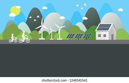 Electric cars charging at the charger station in front of the solar panels and wind turbines. City. nature. ride bicycle in blue background and sun. Environmentally friendly Eco green city theme.